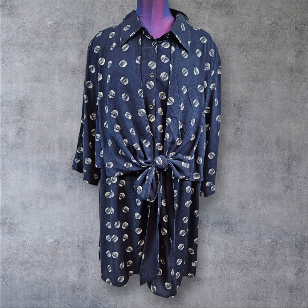 Ulla Popken Navy Blue Polka Dot Button Up Tie Front Tunic Dress Size 20/22 F53